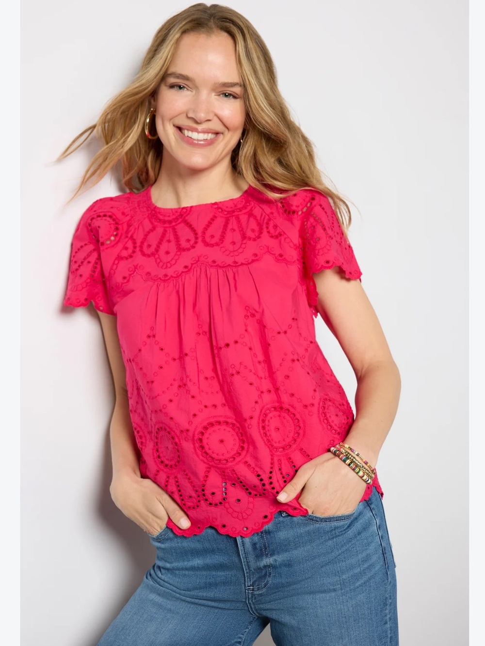 Evereve Quincy Eyelet Blouse Raspberry Pink Embroidered Cotton Top Large